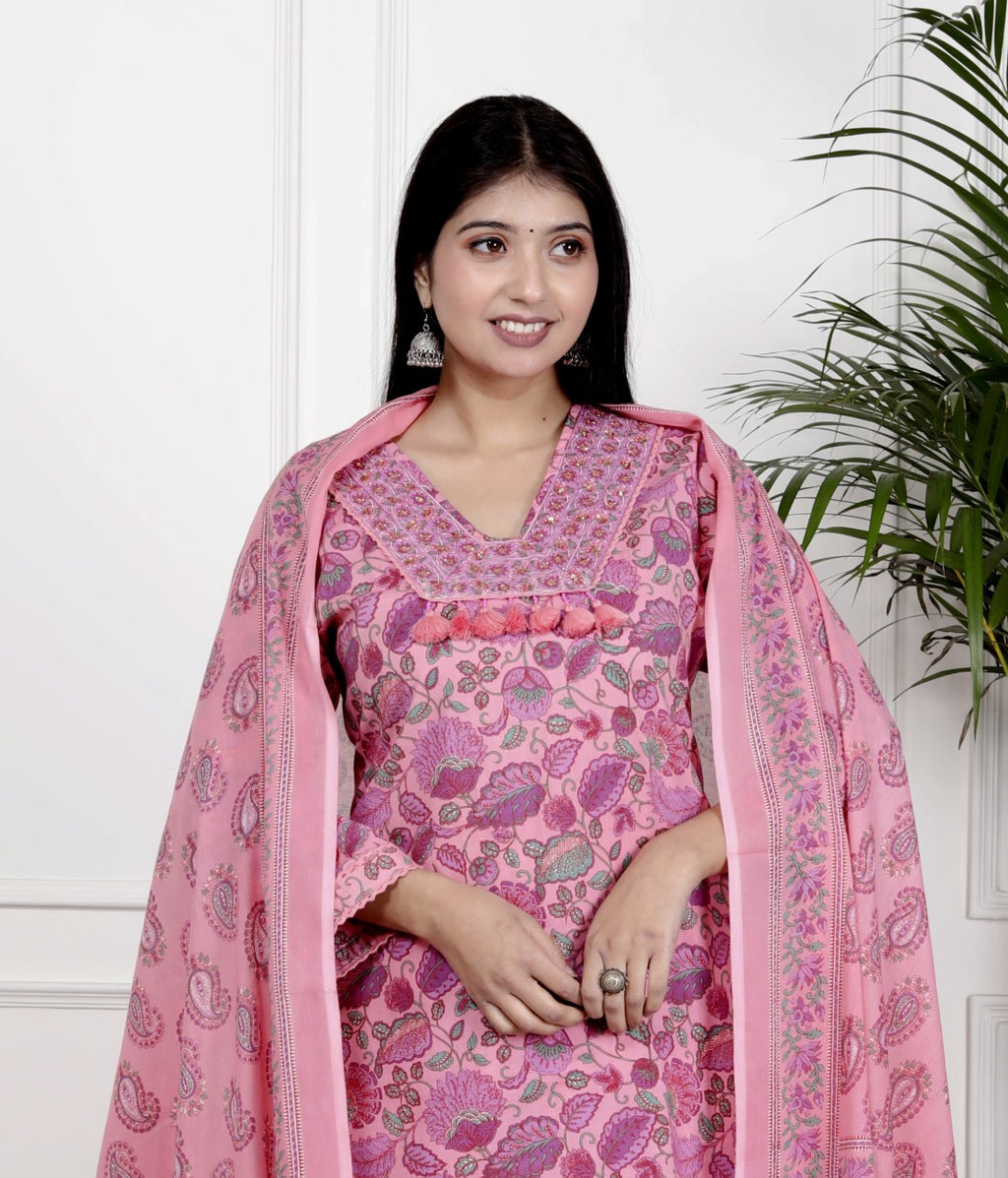 Pink Cotton Kurta Pant Set with Dupatta-800099