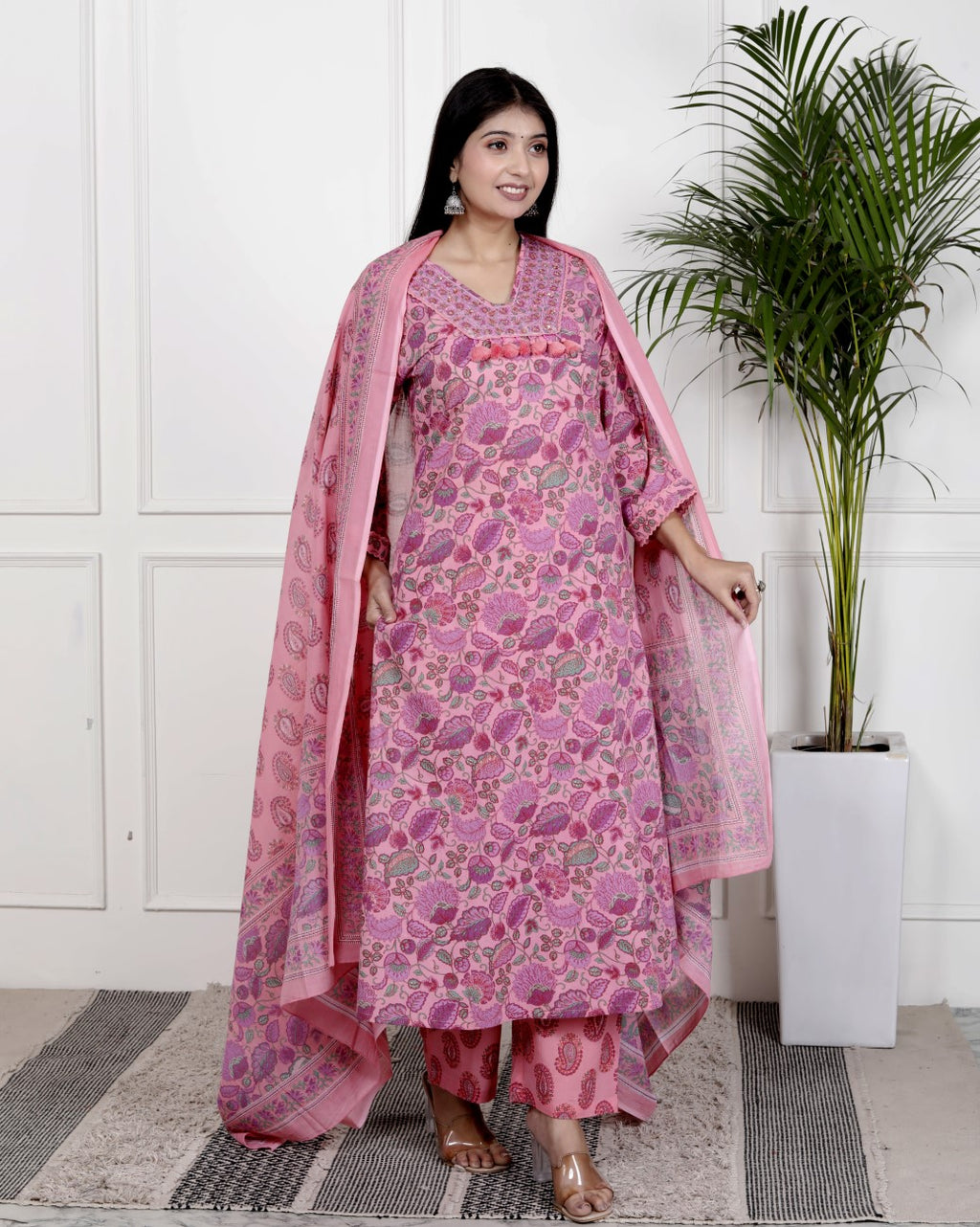Pink Cotton Kurta Pant Set with Dupatta-800099