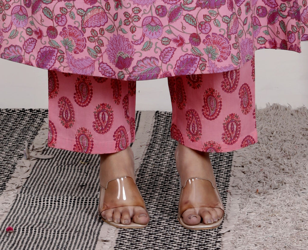 Pink Cotton Kurta Pant Set with Dupatta-800099