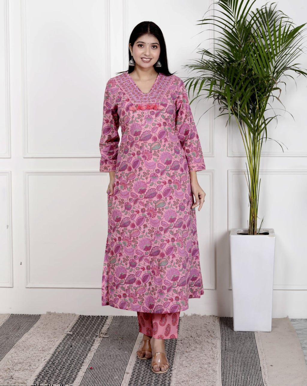Pink Cotton Kurta Pant Set with Dupatta-800099