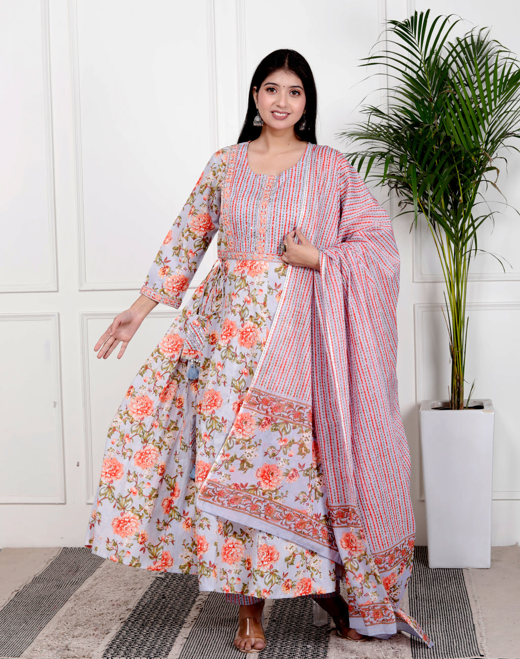 Sky Blue Cotton Anarkali Kurta Pant Set with Dupatta-800102