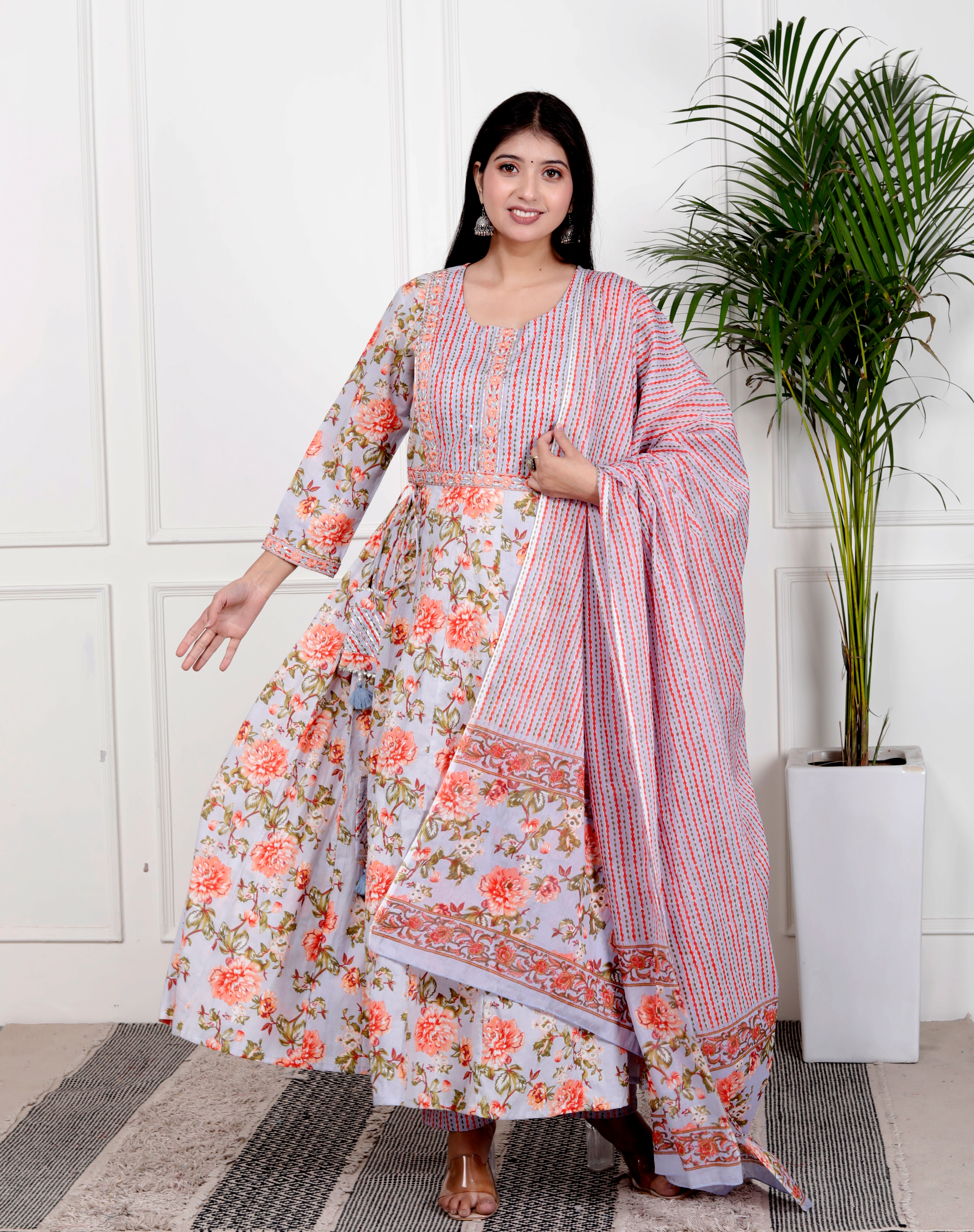 Sky Blue Cotton Anarkali Kurta Pant Set with Dupatta-800102