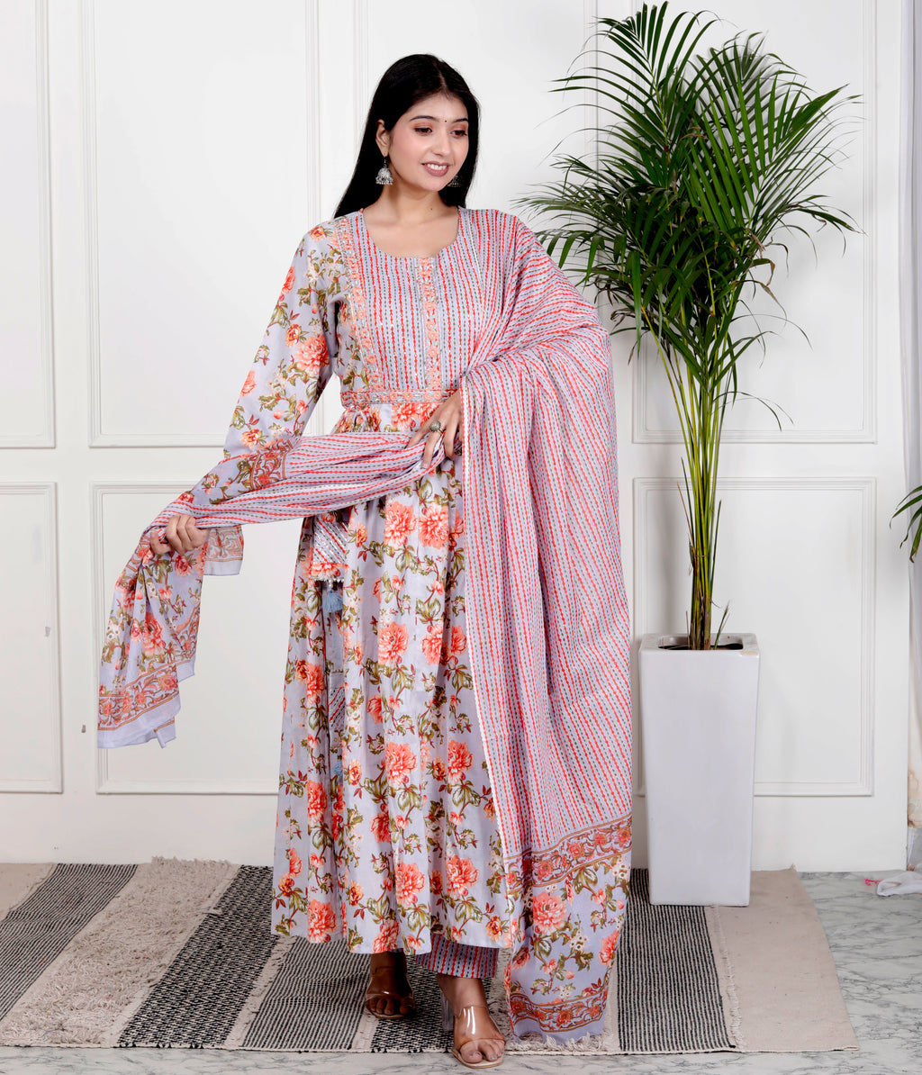 Sky Blue Cotton Anarkali Kurta Pant Set with Dupatta-800102