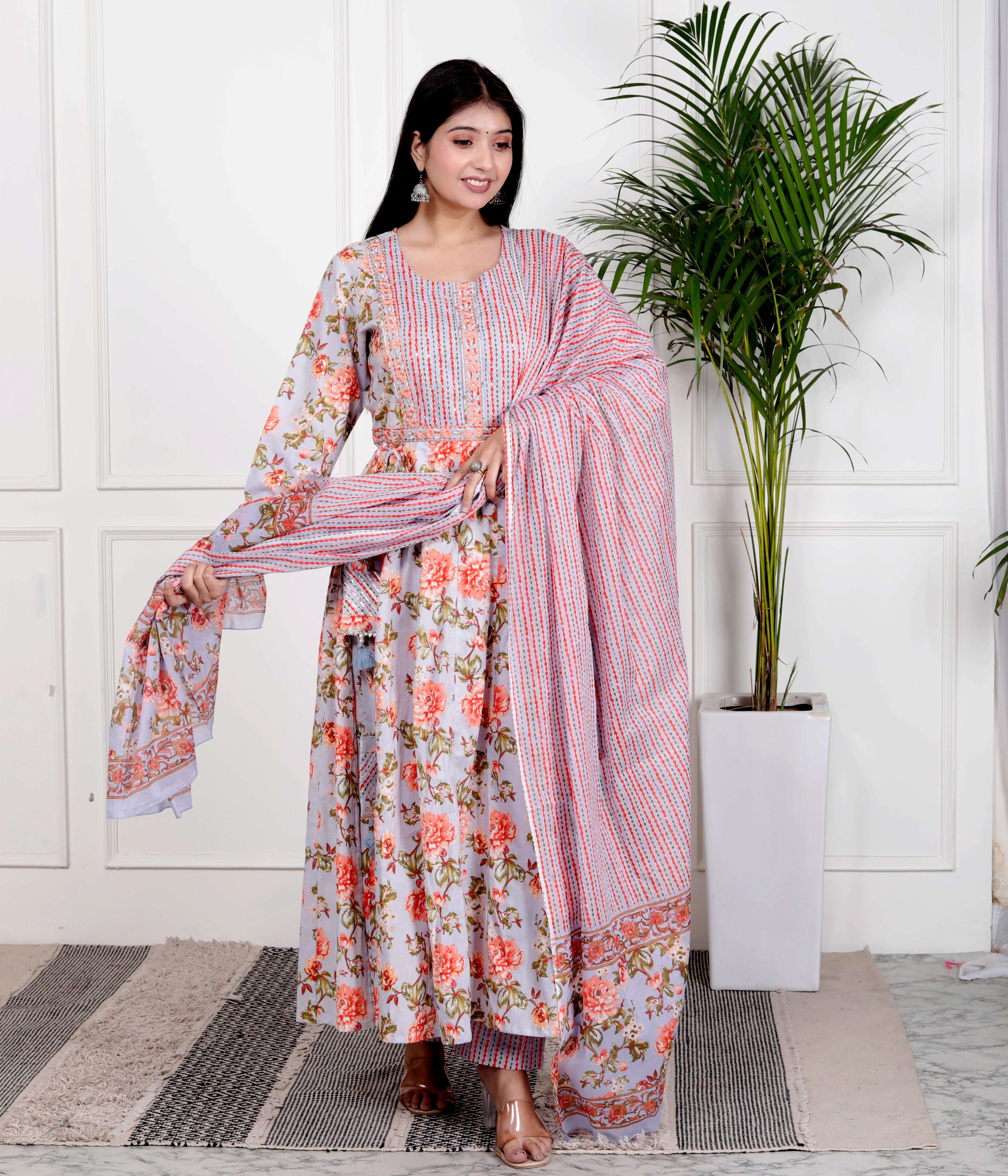 Sky Blue Cotton Anarkali Kurta Pant Set with Dupatta-800102