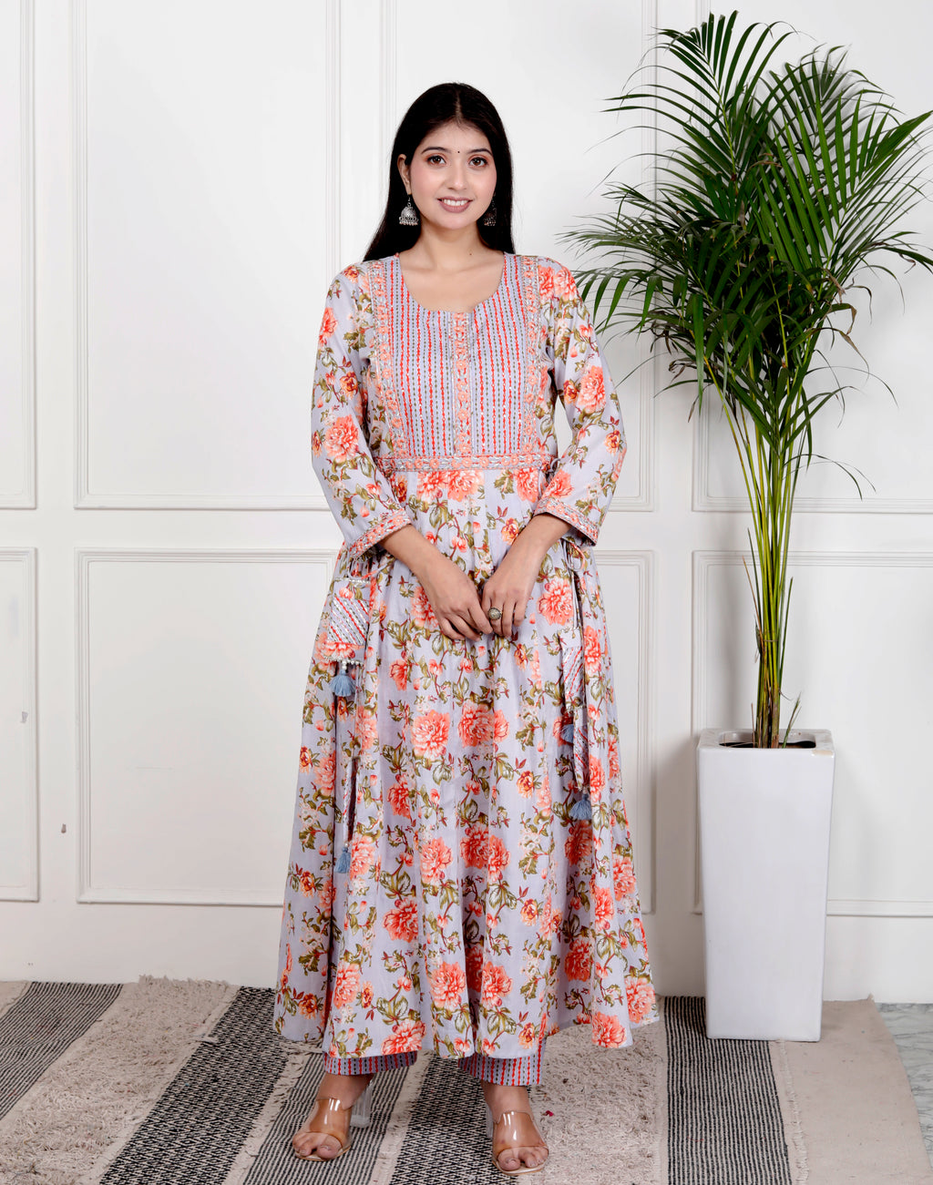 Sky Blue Cotton Anarkali Kurta Pant Set with Dupatta-800102