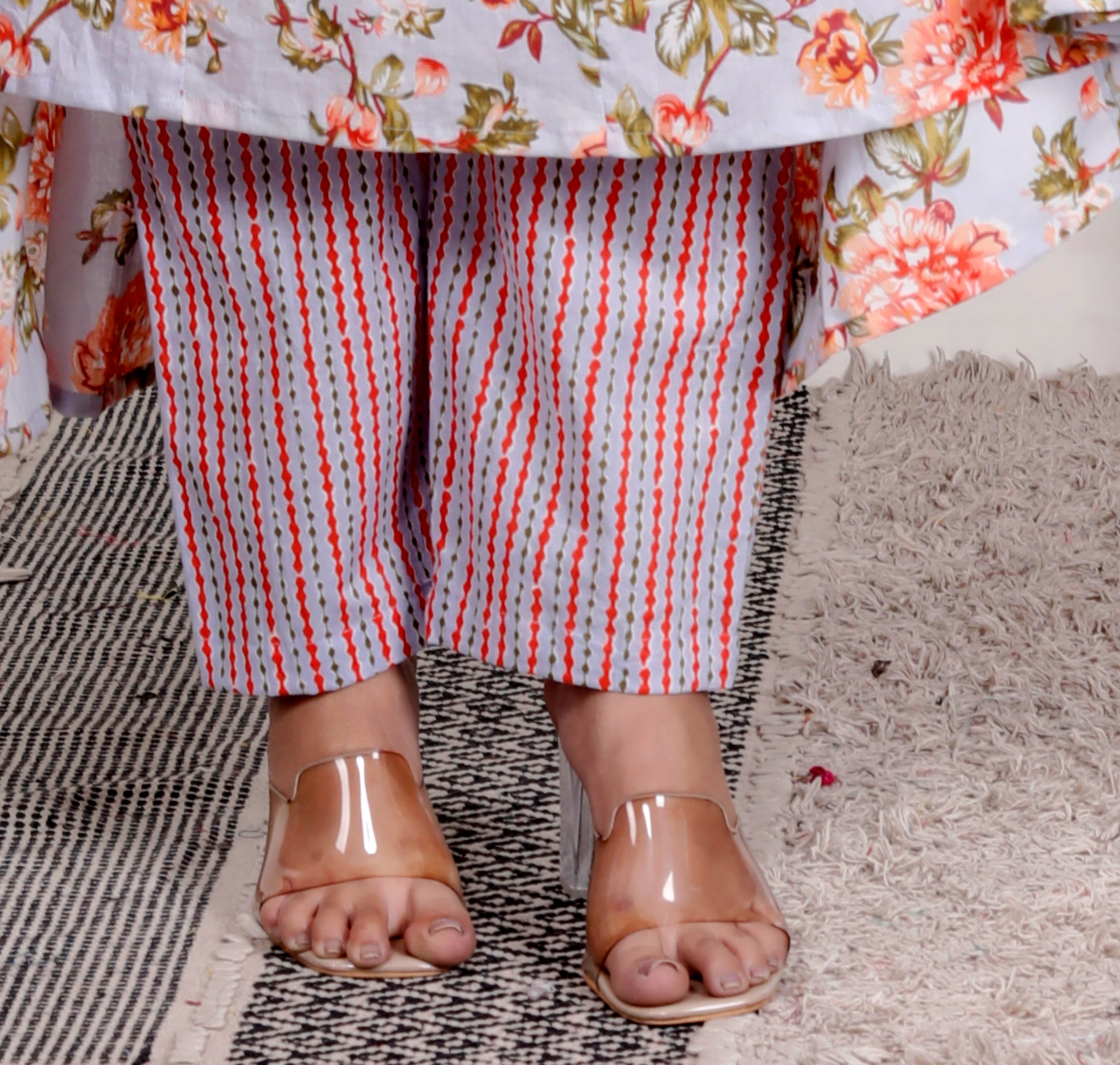 Sky Blue Cotton Anarkali Kurta Pant Set with Dupatta-800102