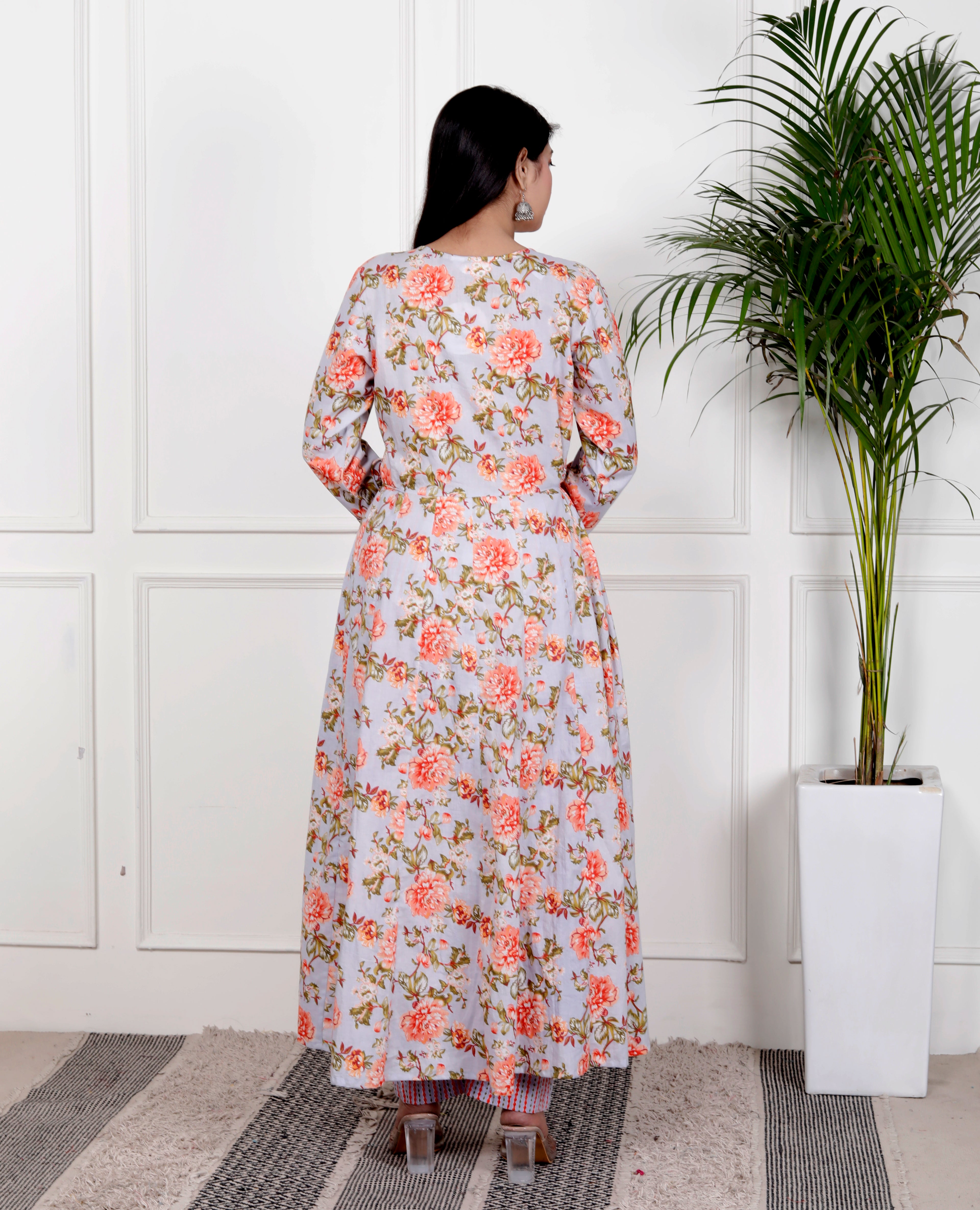 Sky Blue Cotton Anarkali Kurta Pant Set with Dupatta-800102