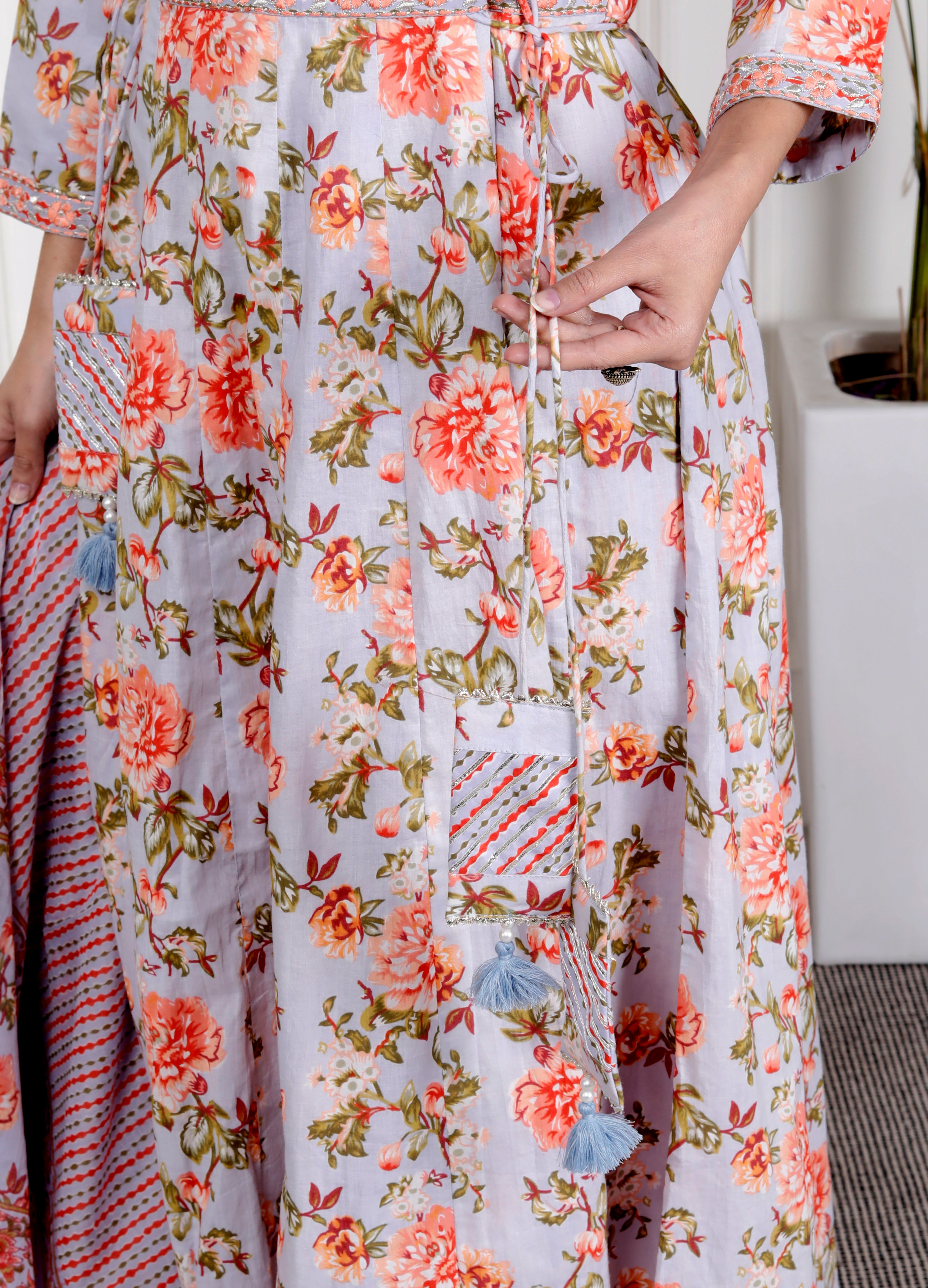 Sky Blue Cotton Anarkali Kurta Pant Set with Dupatta-800102