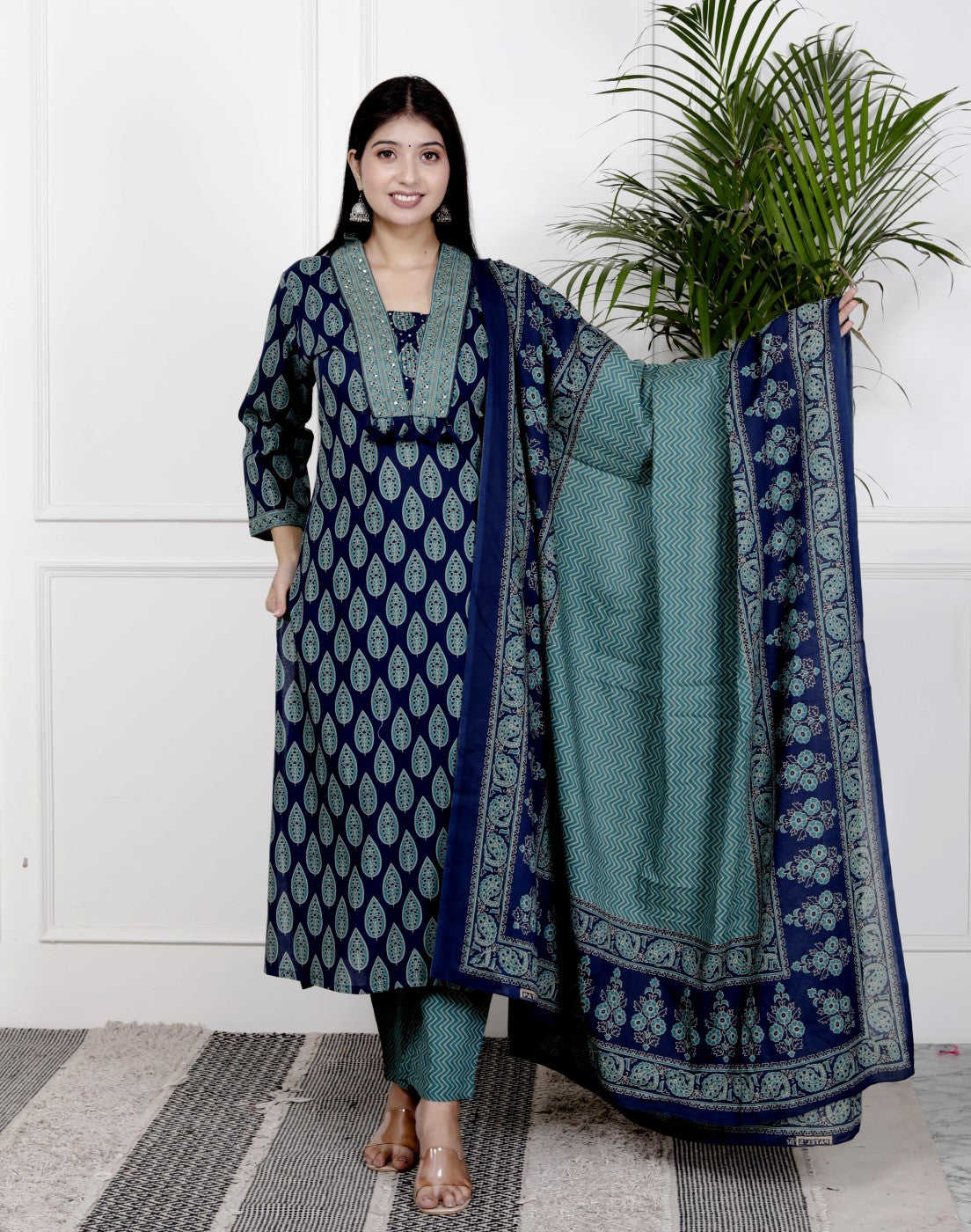 Blue Cotton Kurta Pant Set with Dupatta-800106