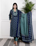 Blue Cotton Kurta Pant Set with Dupatta-800106