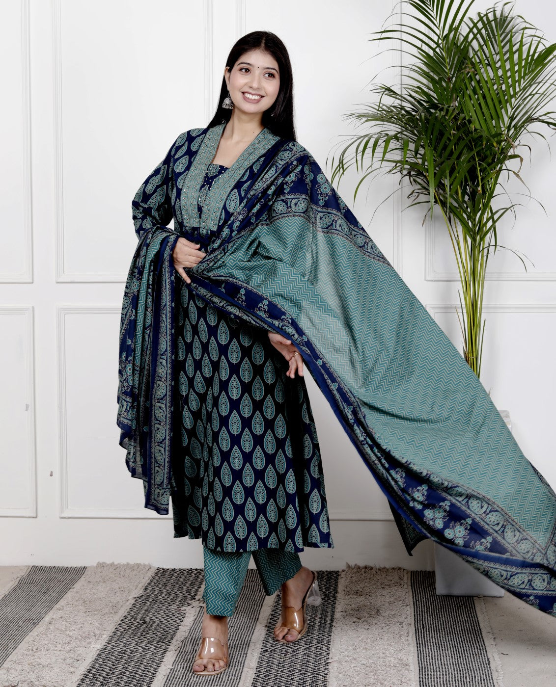 Blue Cotton Kurta Pant Set with Dupatta-800106