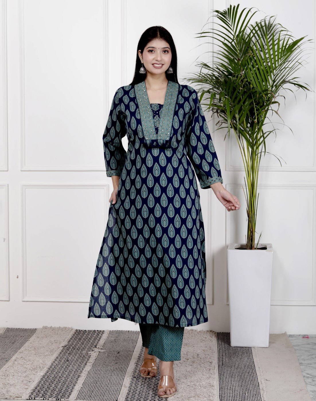 Blue Cotton Kurta Pant Set with Dupatta-800106