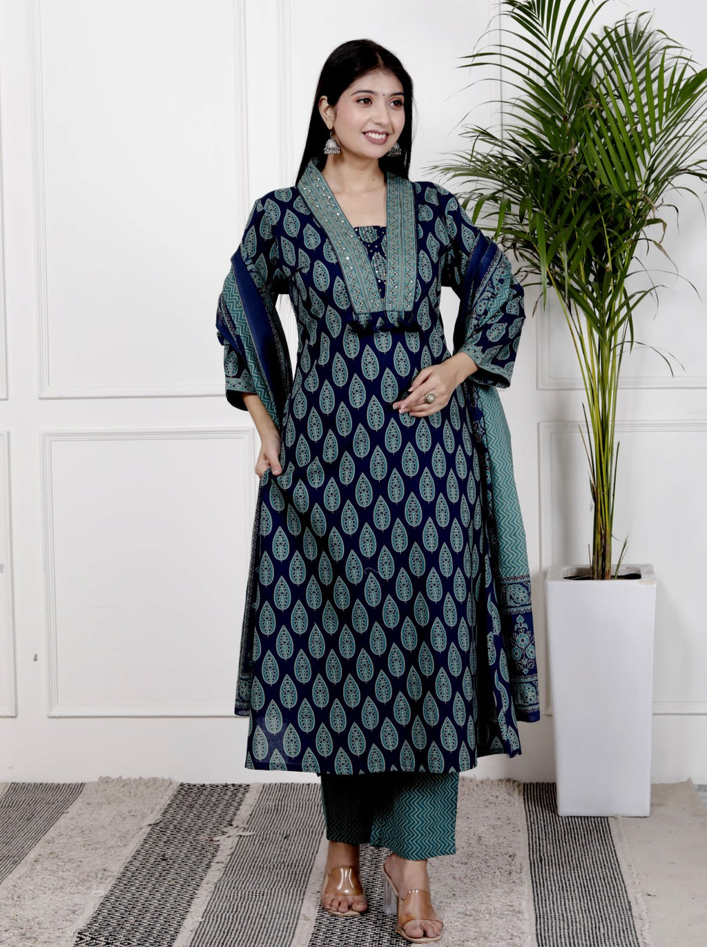 Blue Cotton Kurta Pant Set with Dupatta-800106