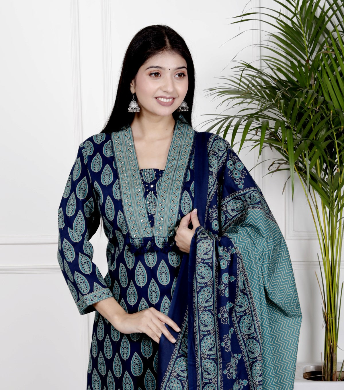 Blue Cotton Kurta Pant Set with Dupatta-800106