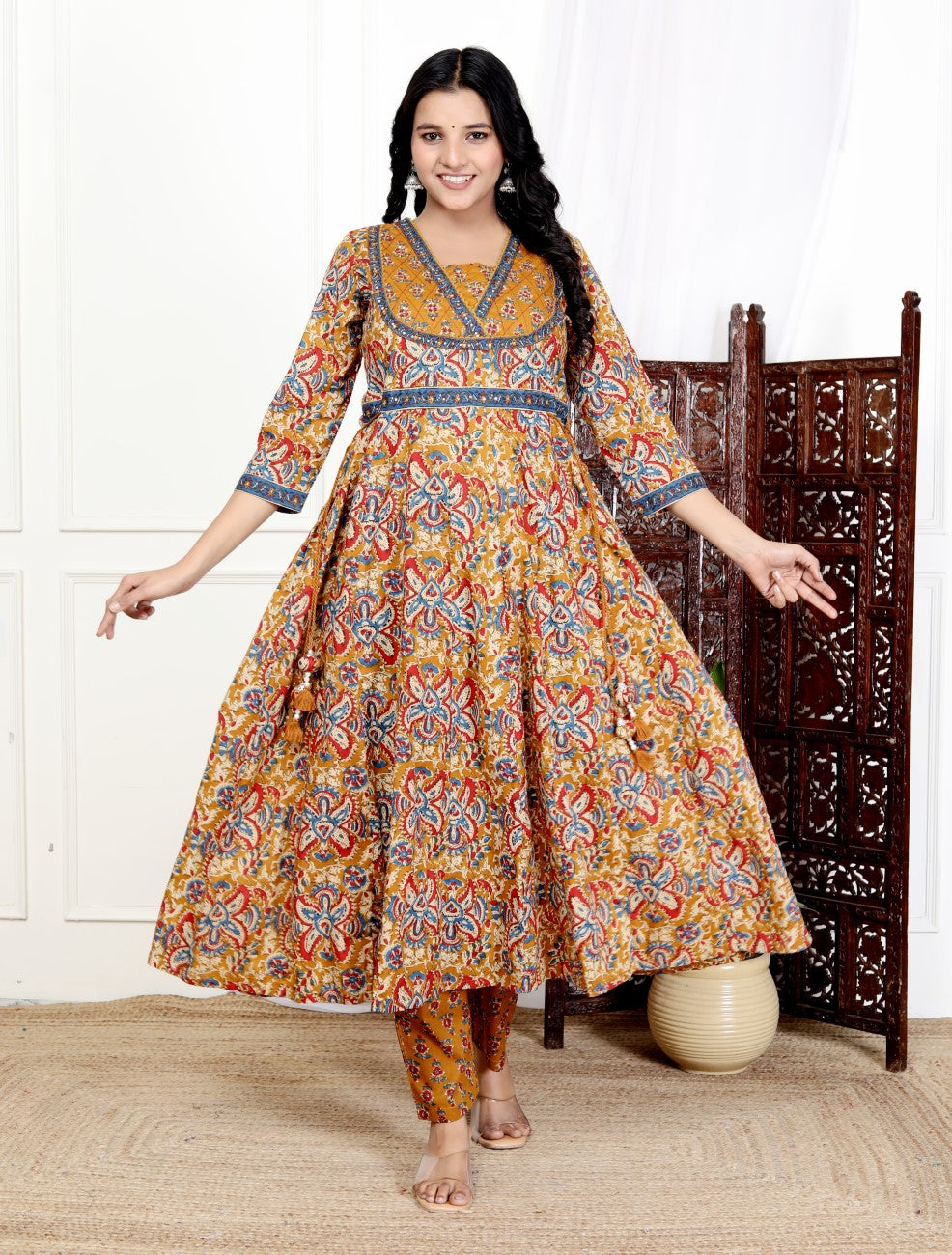 Mustard Cotton Anarkali Kurta Pant Set with Dupatta-800188