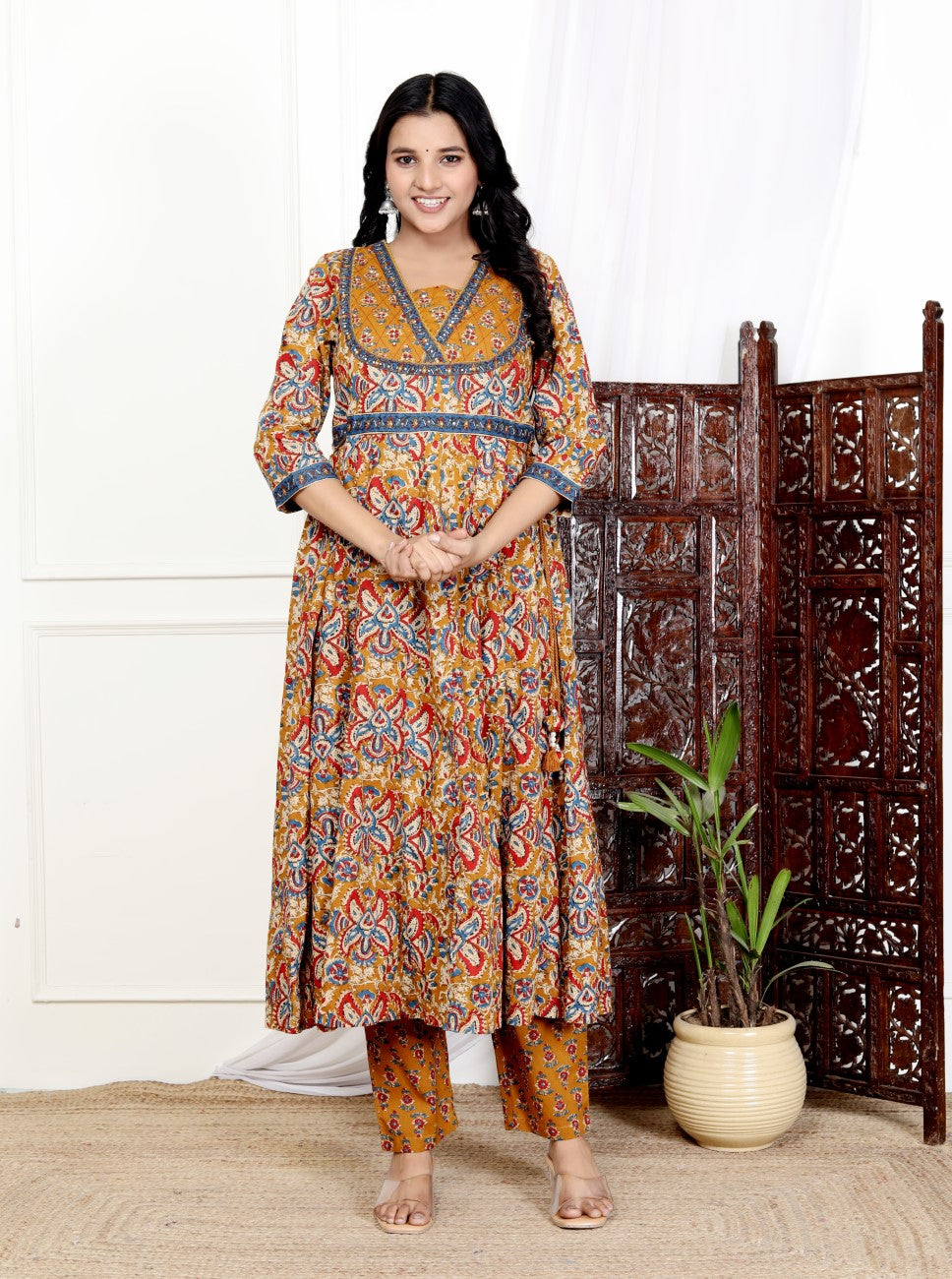 Mustard Cotton Anarkali Kurta Pant Set with Dupatta-800188
