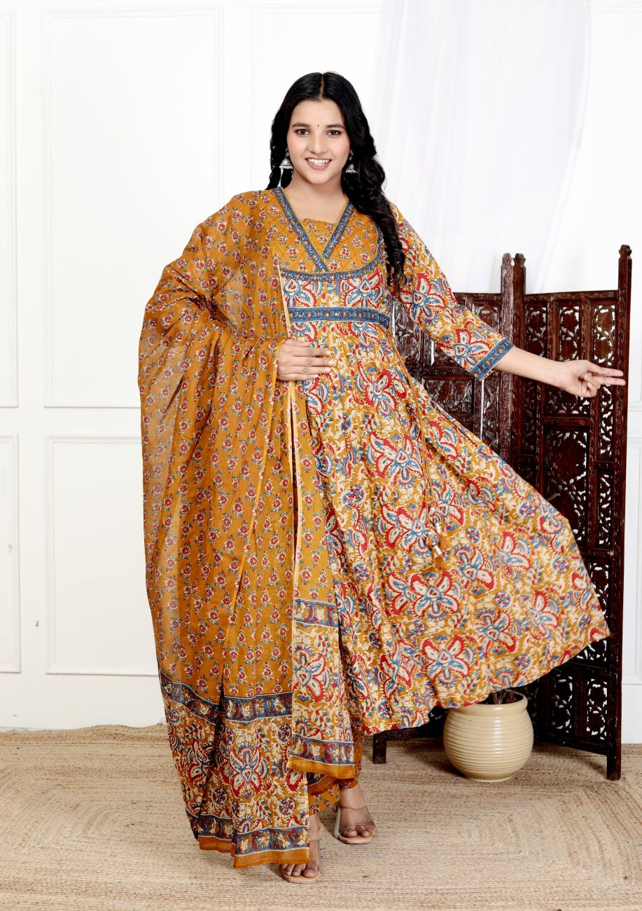 Mustard Cotton Anarkali Kurta Pant Set with Dupatta-800188