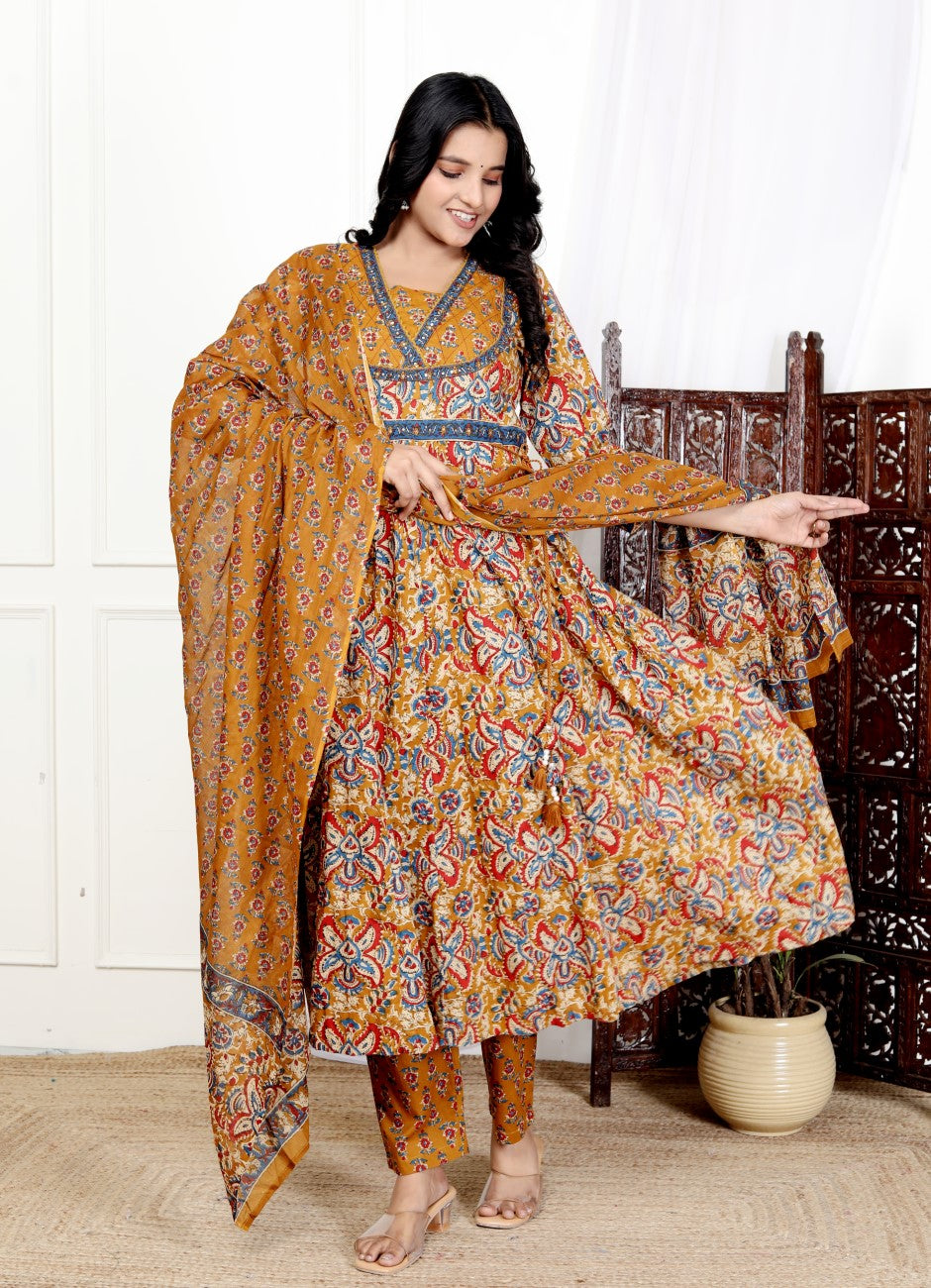 Mustard Cotton Anarkali Kurta Pant Set with Dupatta-800188