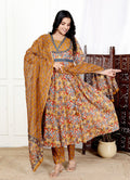 Mustard Cotton Anarkali Kurta Pant Set with Dupatta-800188