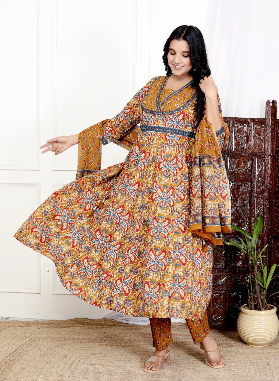 Mustard Cotton Anarkali Kurta Pant Set with Dupatta-800188