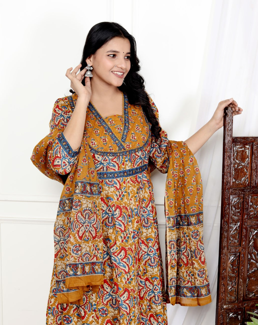 Mustard Cotton Anarkali Kurta Pant Set with Dupatta-800188