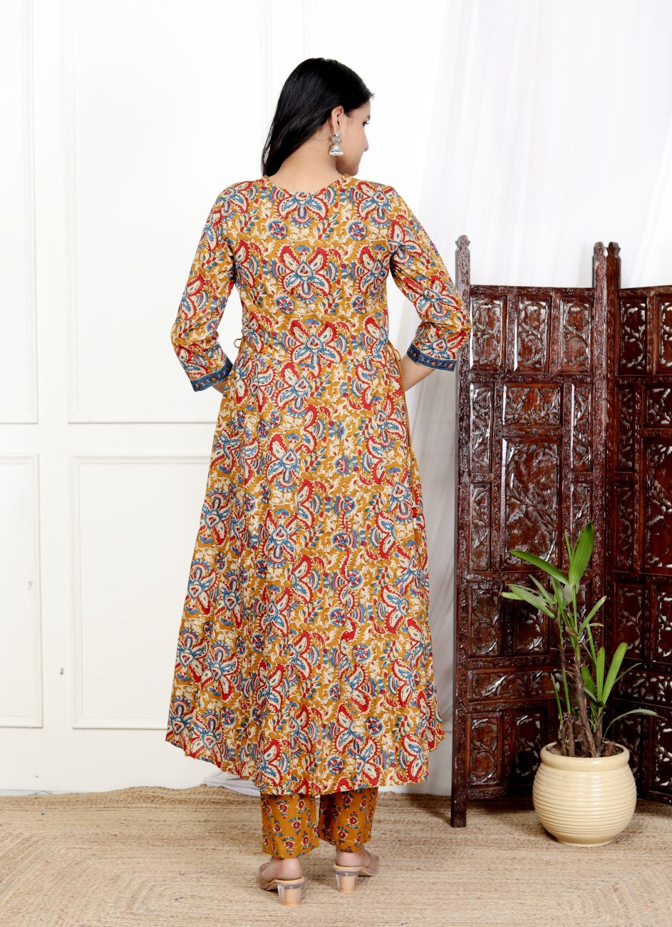 Mustard Cotton Anarkali Kurta Pant Set with Dupatta-800188