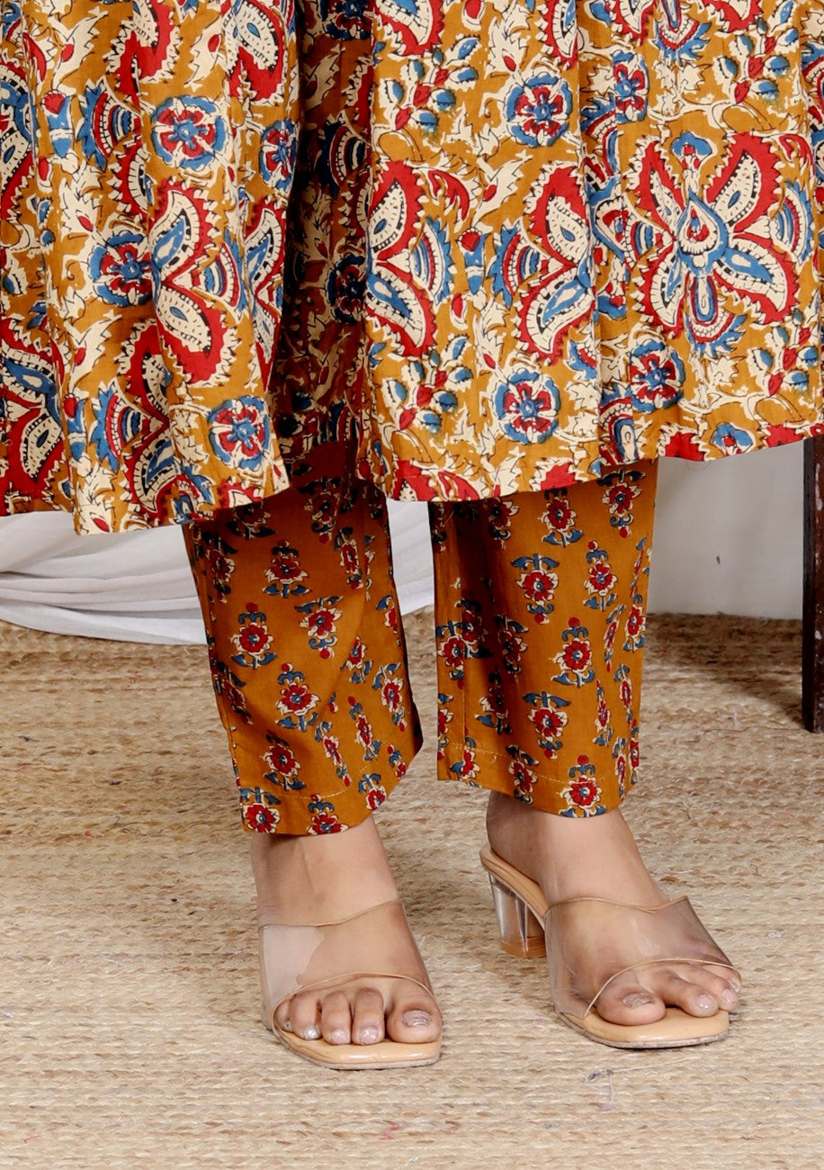 Mustard Cotton Anarkali Kurta Pant Set with Dupatta-800188