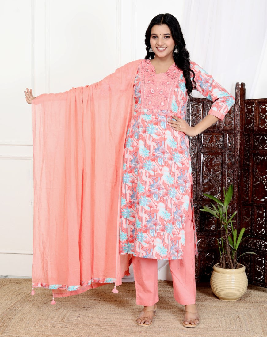 Pink Cotton Kurta Pant Set with Dupatta-800109