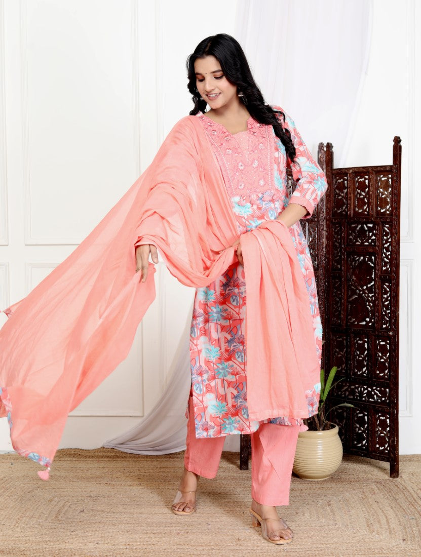 Pink Cotton Kurta Pant Set with Dupatta-800109