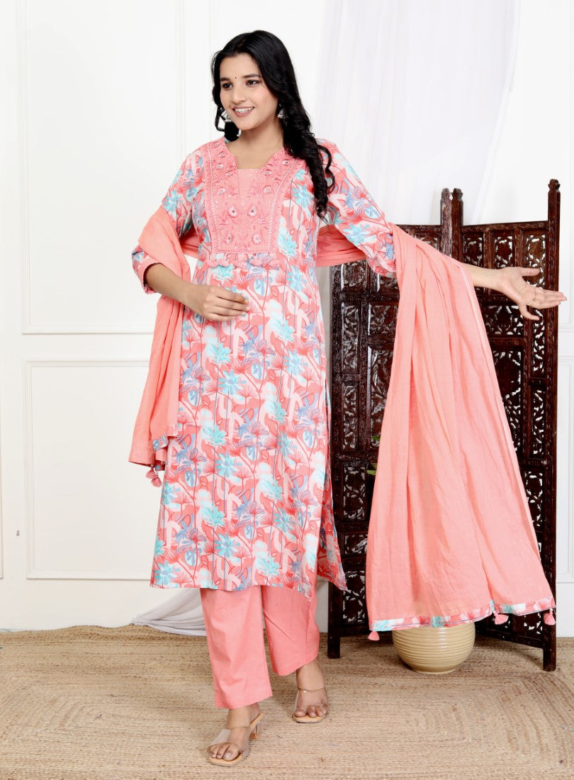 Pink Cotton Kurta Pant Set with Dupatta-800109