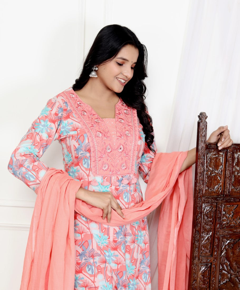 Pink Cotton Kurta Pant Set with Dupatta-800109