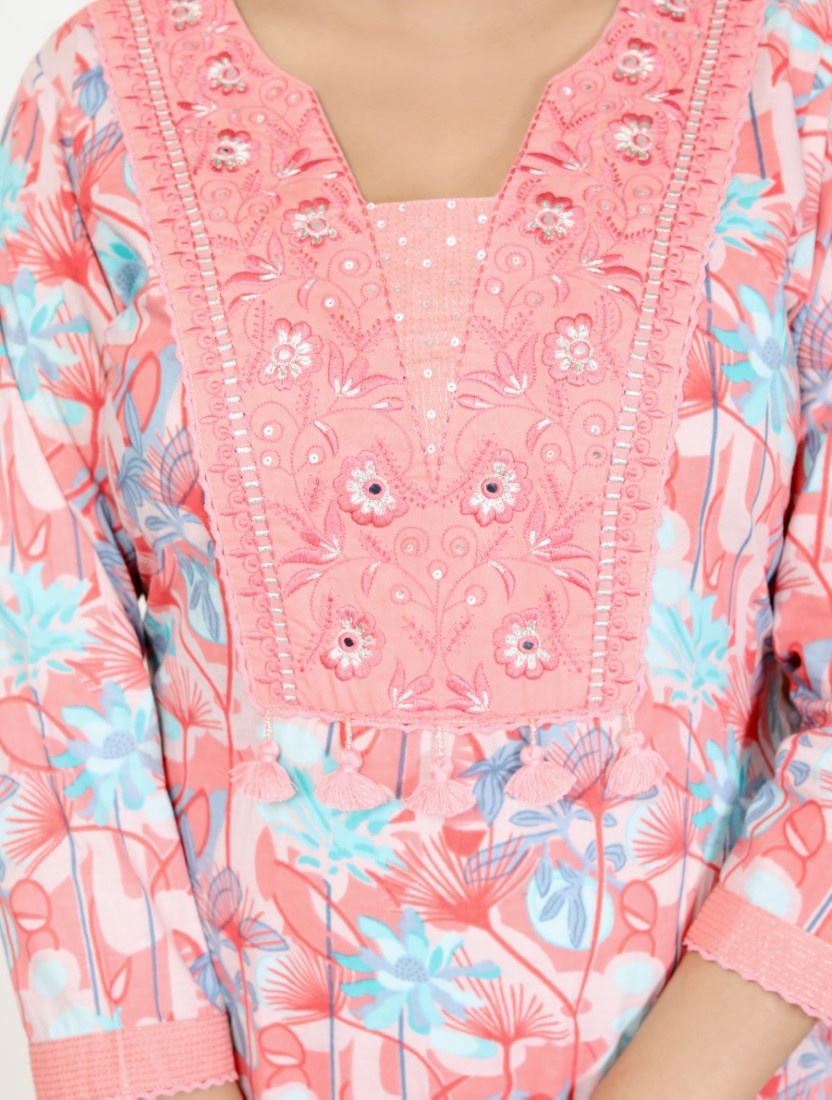 Pink Cotton Kurta Pant Set with Dupatta-800109