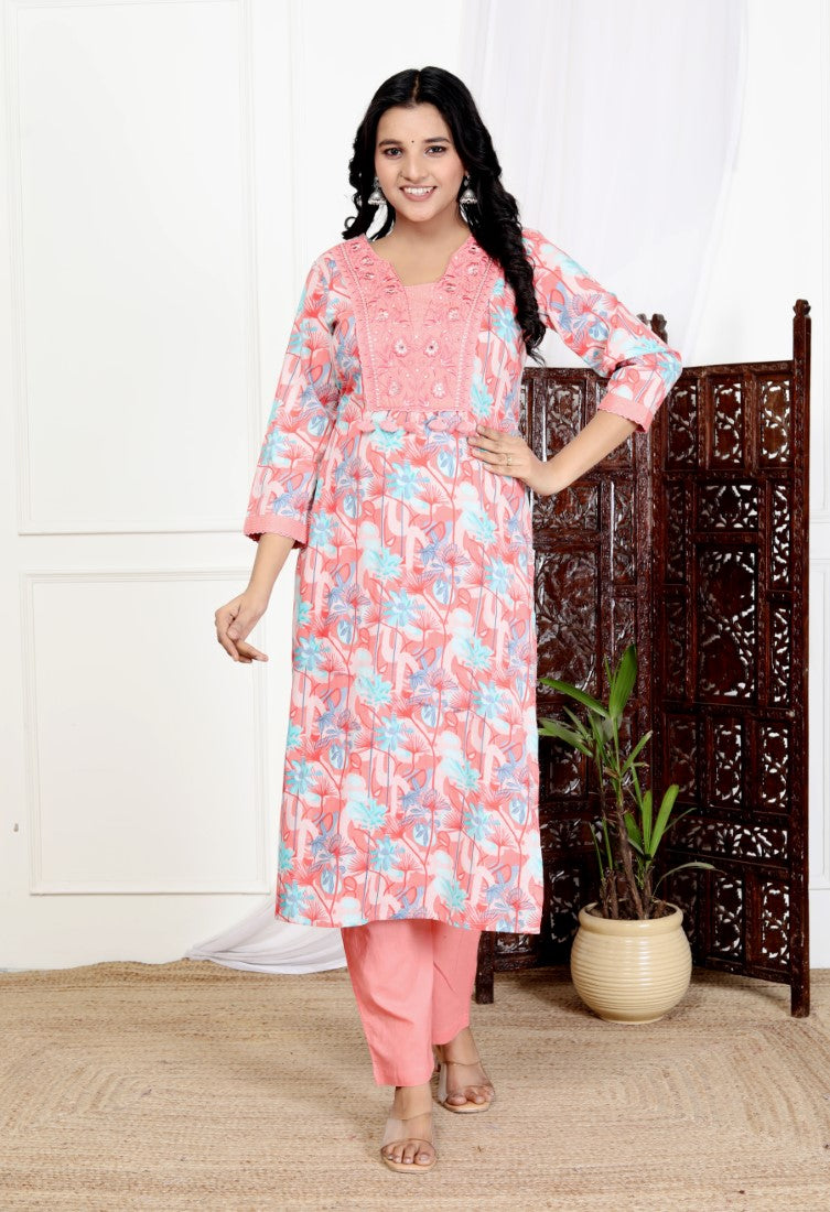 Pink Cotton Kurta Pant Set with Dupatta-800109