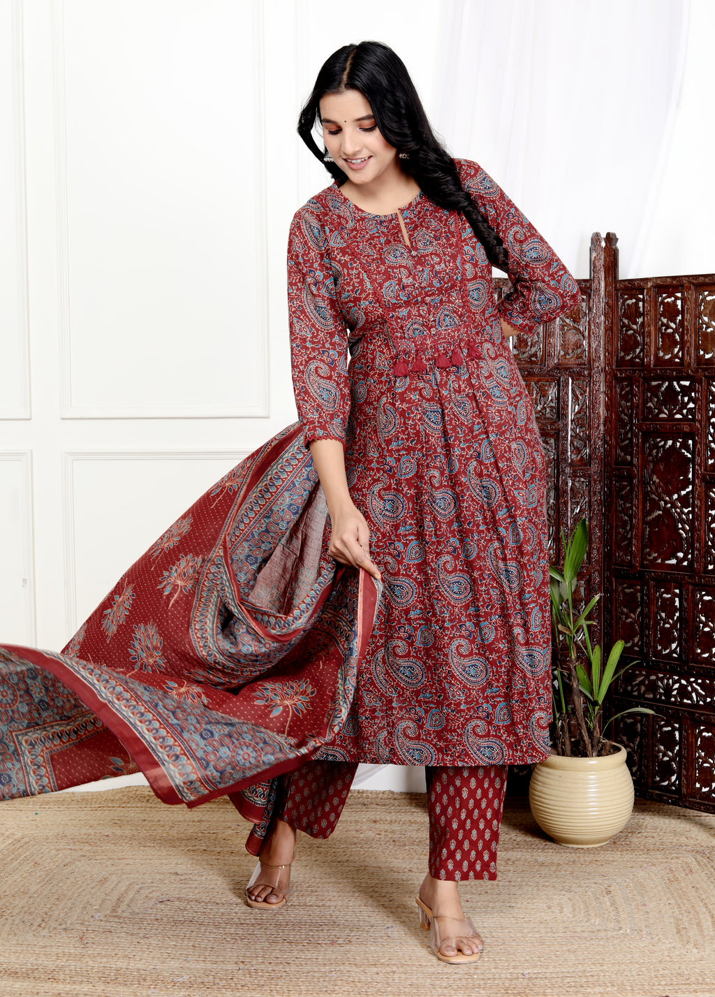 Red Cotton Kurta Pant Set with Dupatta-800113
