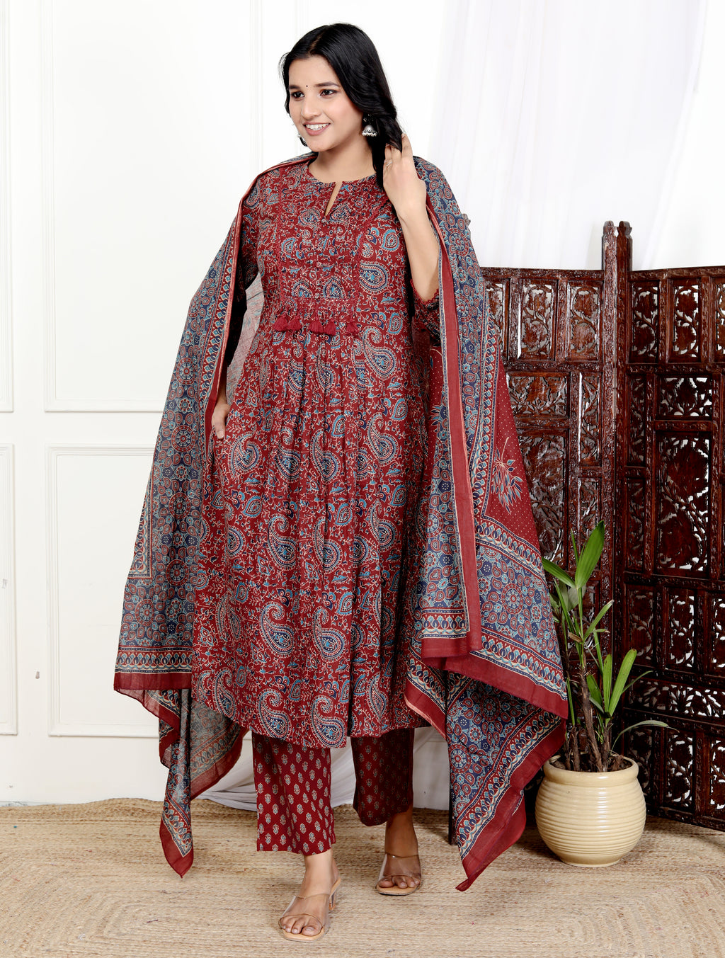 Red Cotton Kurta Pant Set with Dupatta-800113