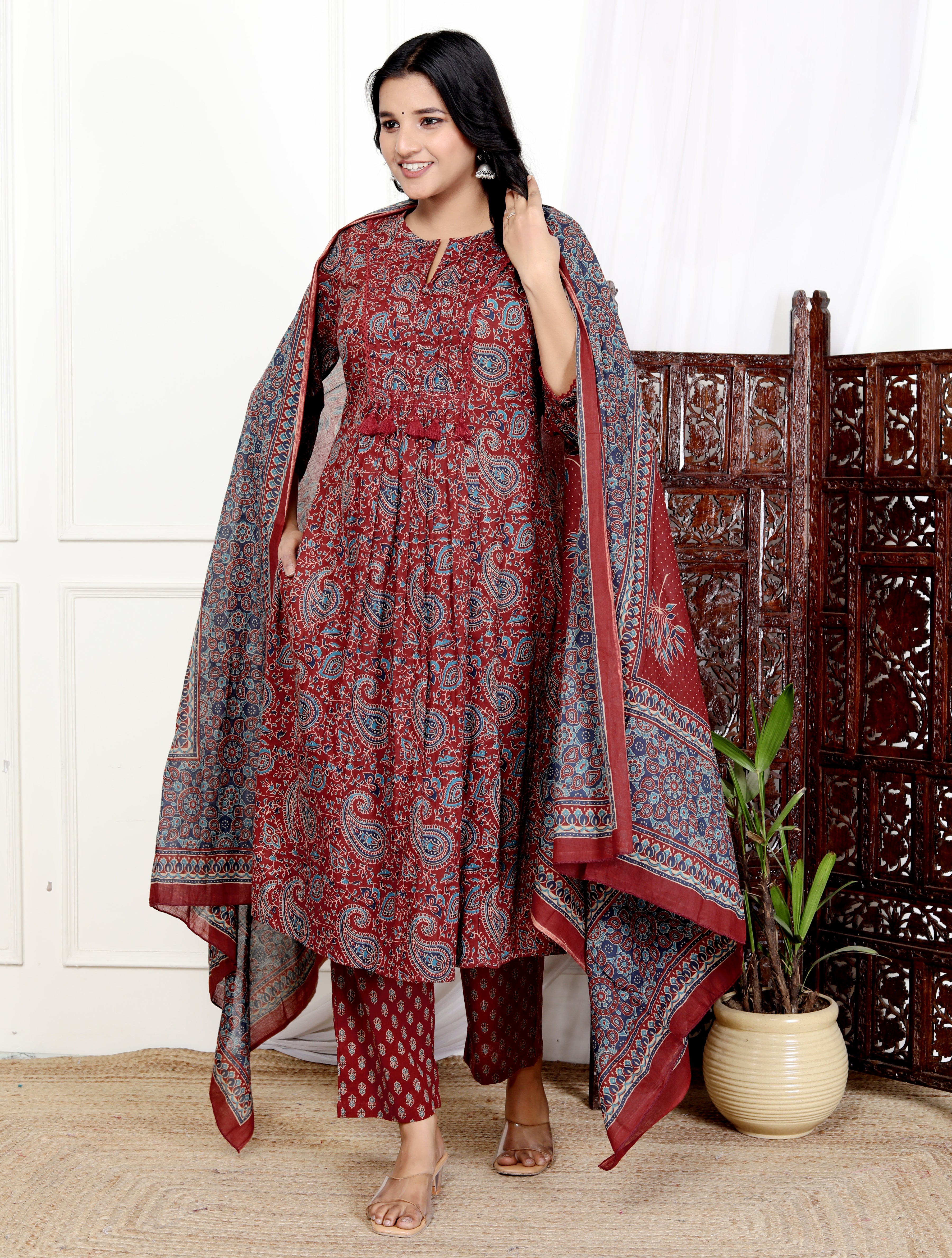 Red Cotton Kurta Pant Set with Dupatta-800113
