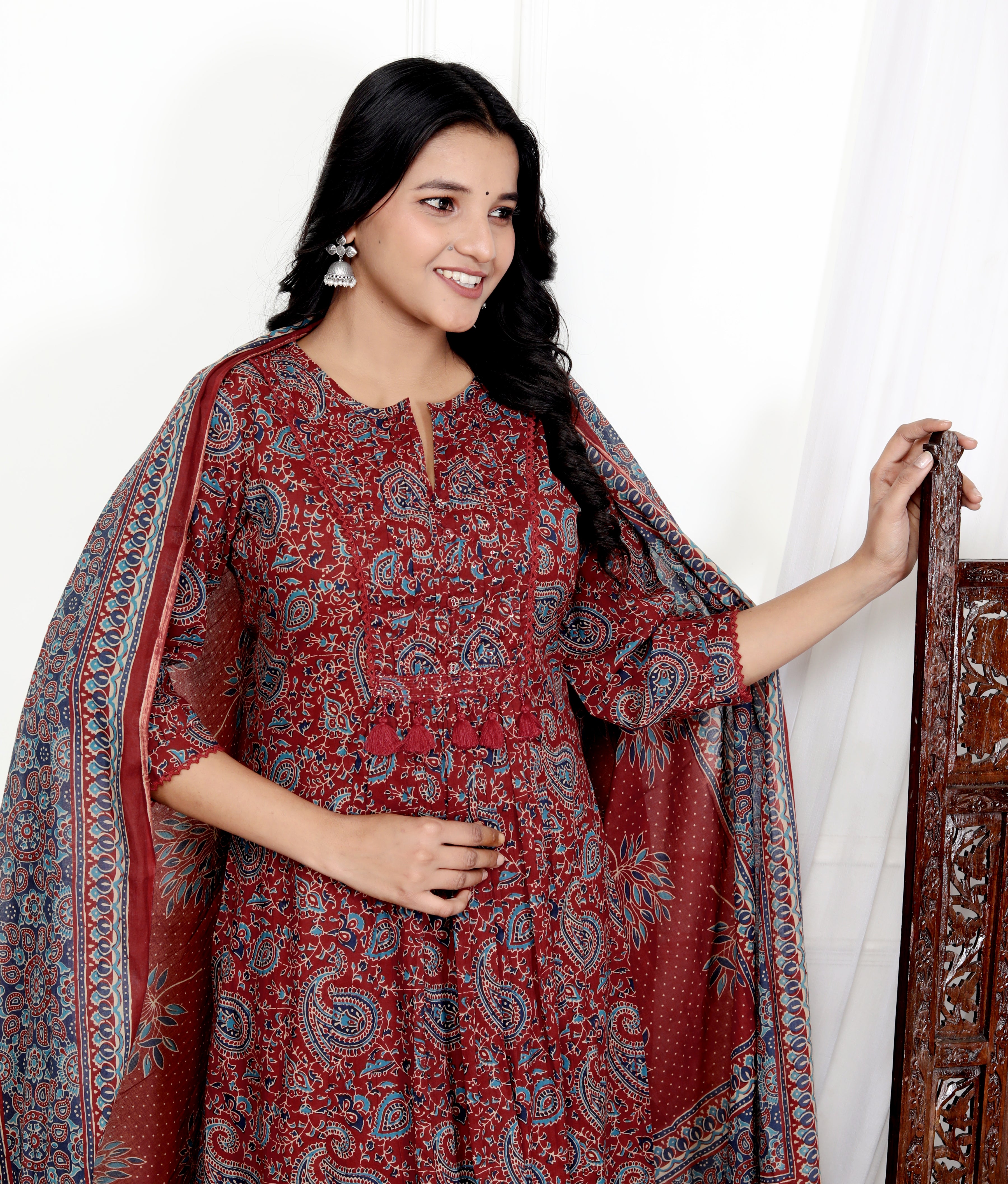 Red Cotton Kurta Pant Set with Dupatta-800113