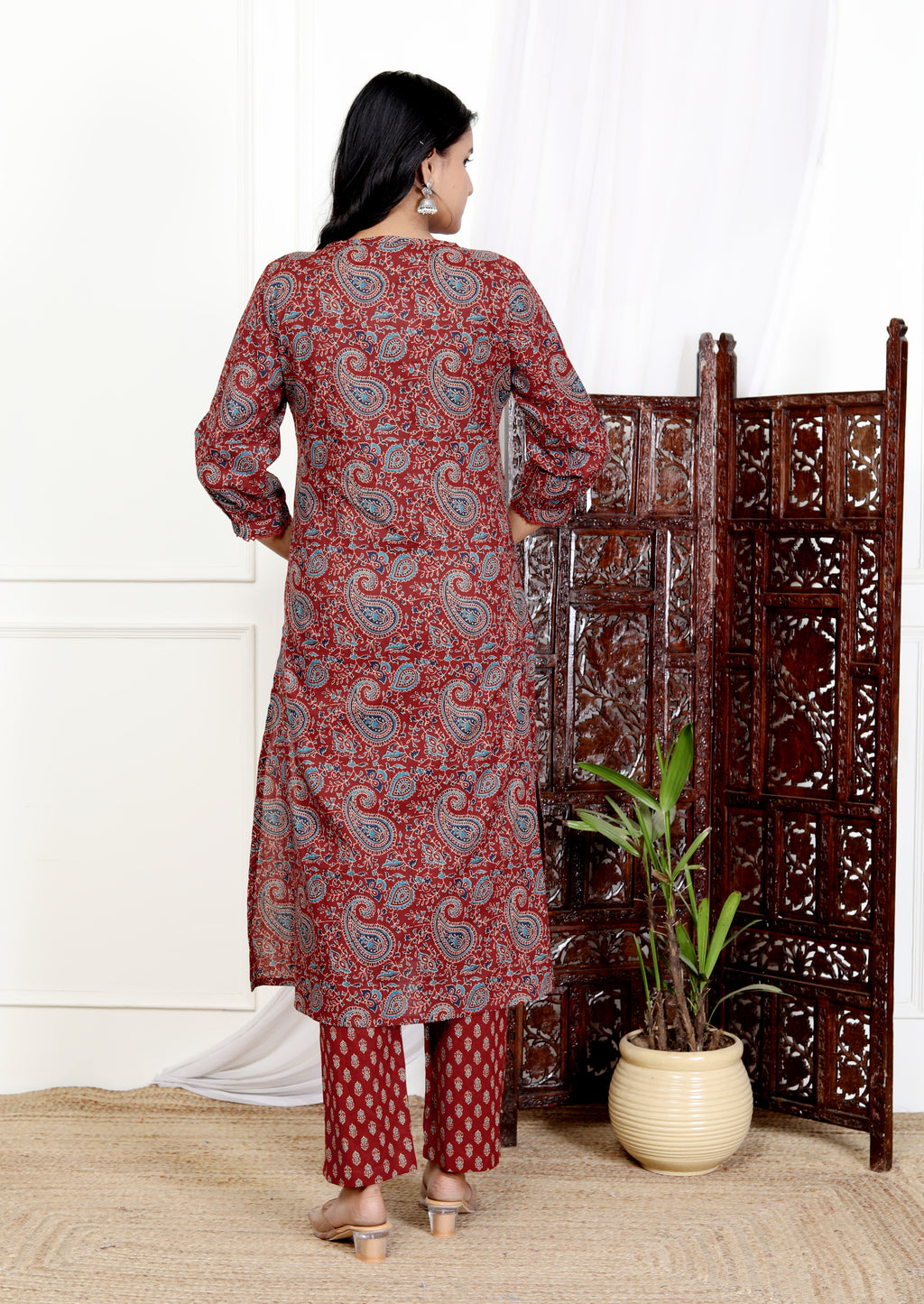 Red Cotton Kurta Pant Set with Dupatta-800113