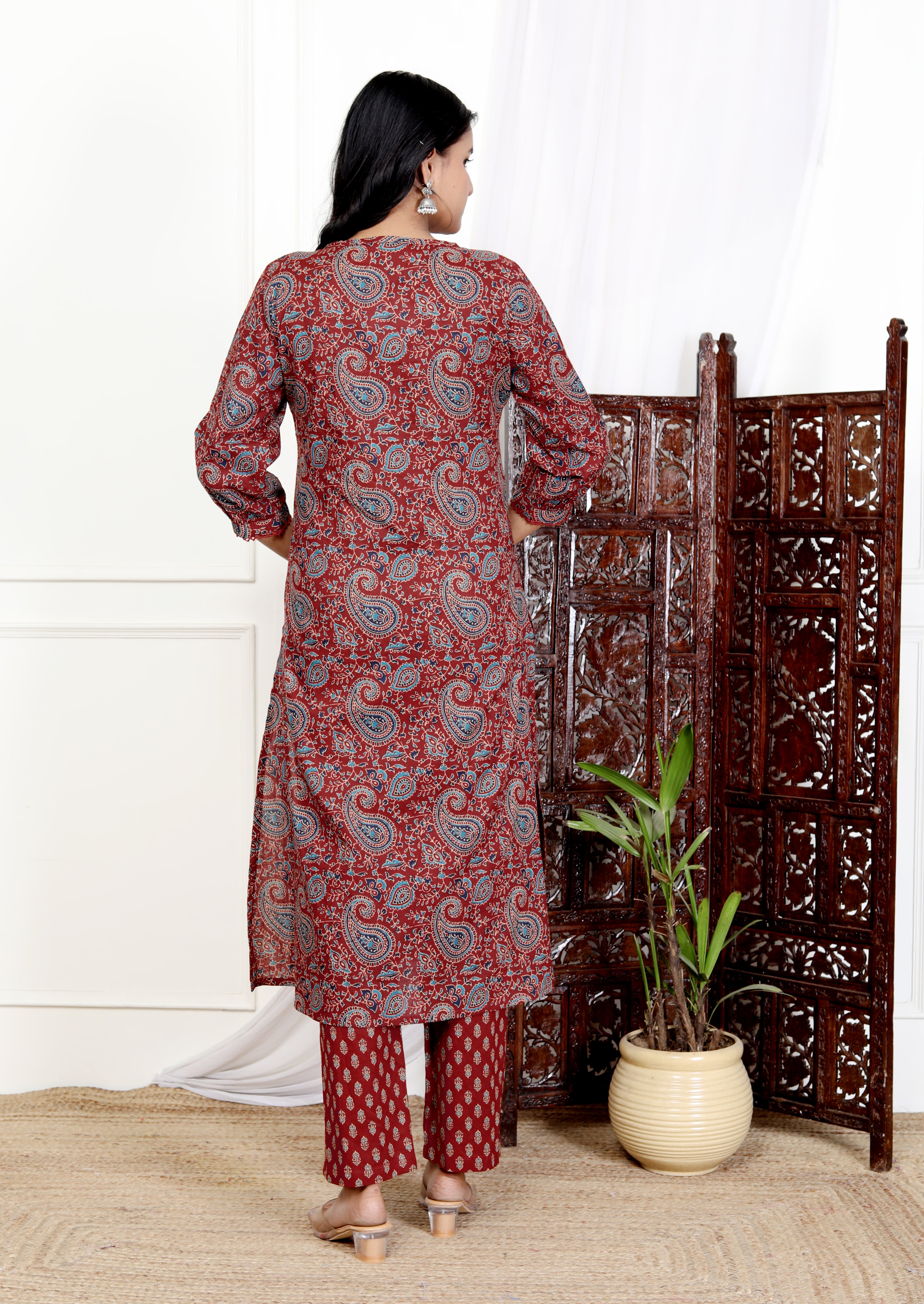Red Cotton Kurta Pant Set with Dupatta-800113