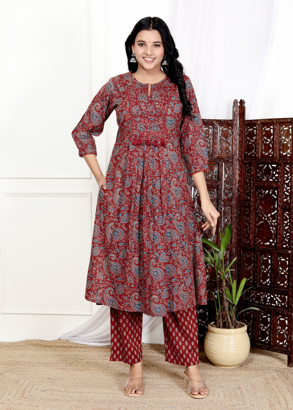 Red Cotton Kurta Pant Set with Dupatta-800113