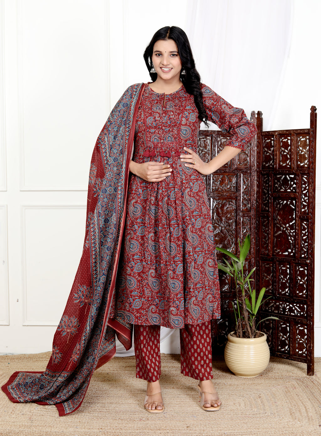 Red Cotton Kurta Pant Set with Dupatta-800113