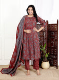 Red Cotton Kurta Pant Set with Dupatta-800113