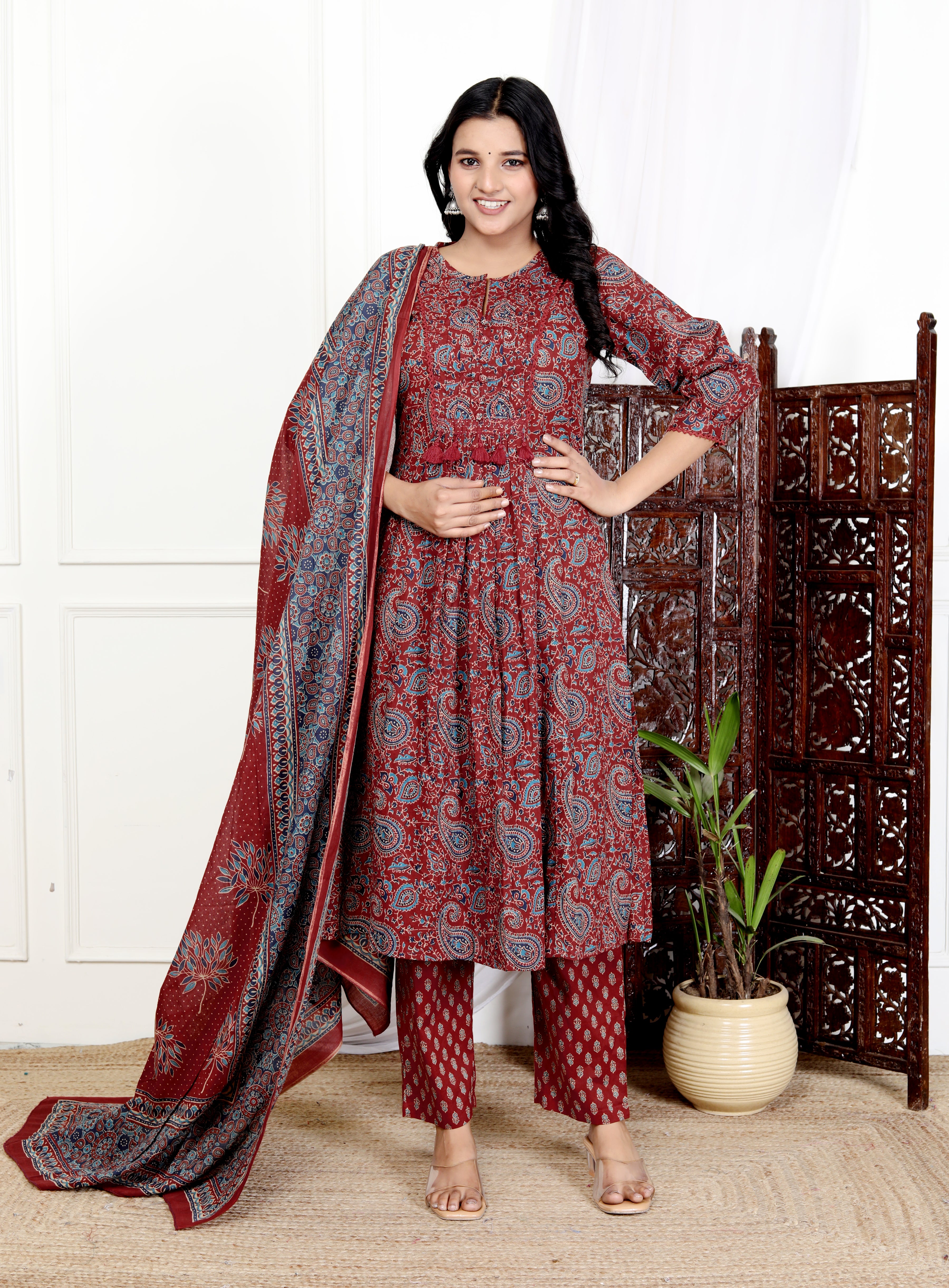 Red Cotton Kurta Pant Set with Dupatta-800113