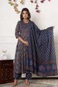 Blue Cotton Anarkali Kurta Pant Set with Dupatta-800116