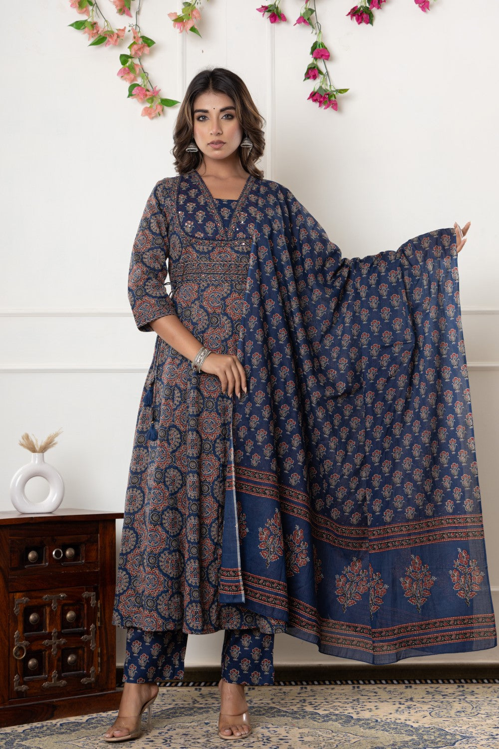 Blue Cotton Anarkali Kurta Pant Set with Dupatta-800116