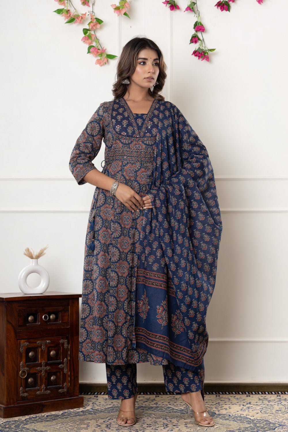 Blue Cotton Anarkali Kurta Pant Set with Dupatta-800116