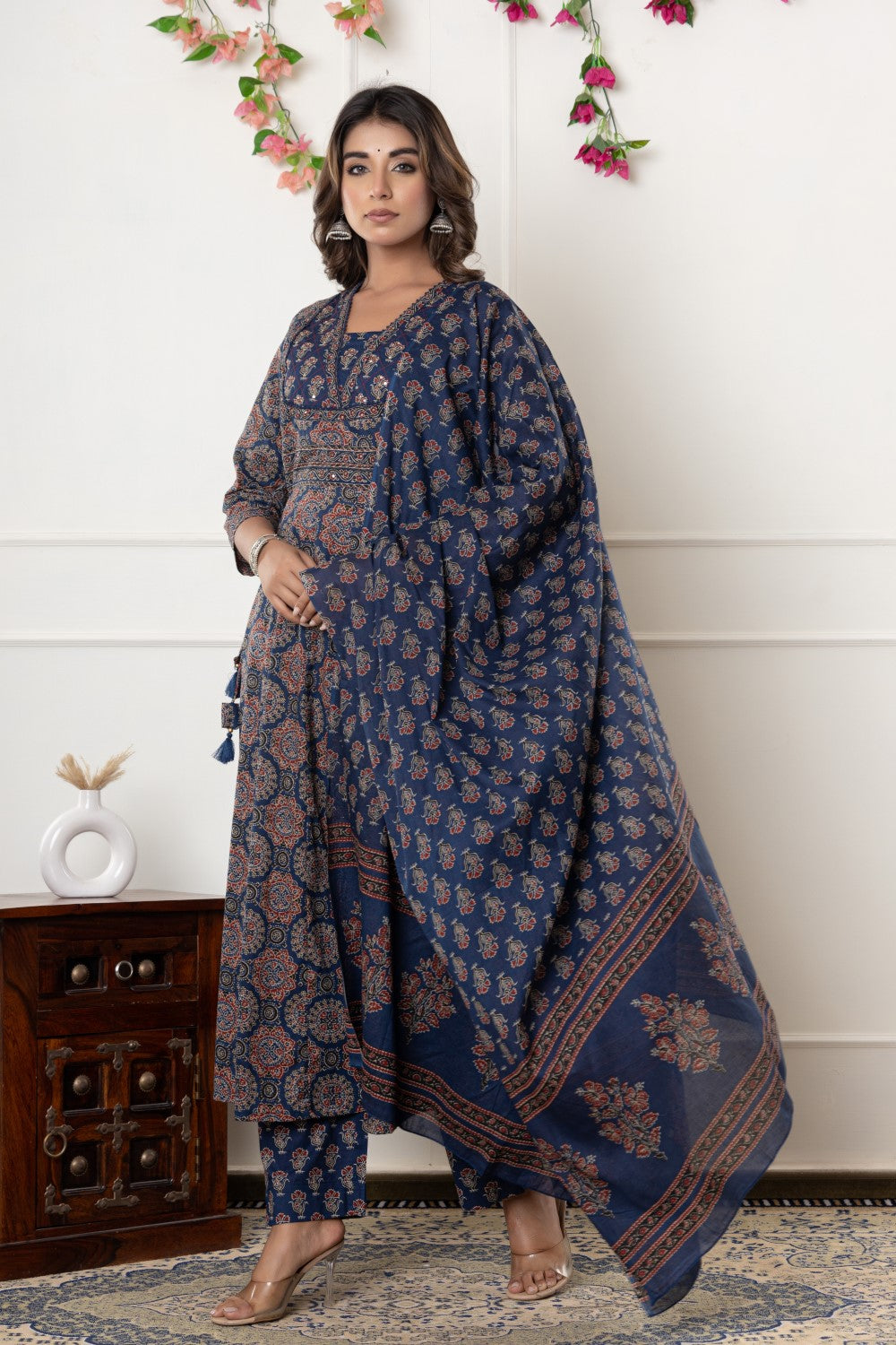 Blue Cotton Anarkali Kurta Pant Set with Dupatta-800116