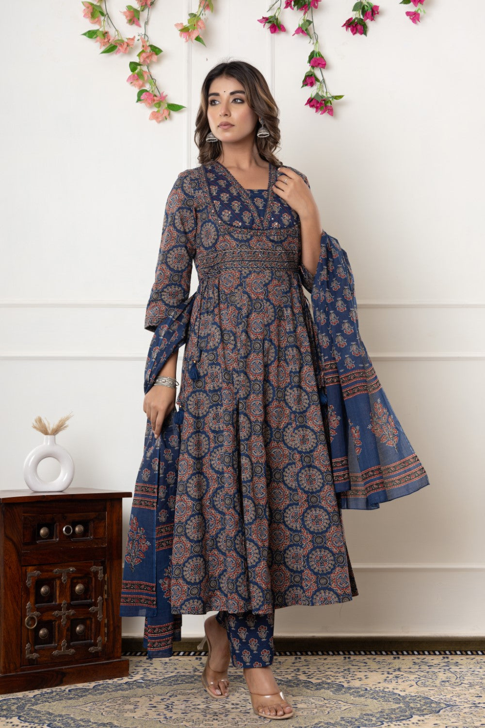 Blue Cotton Anarkali Kurta Pant Set with Dupatta-800116