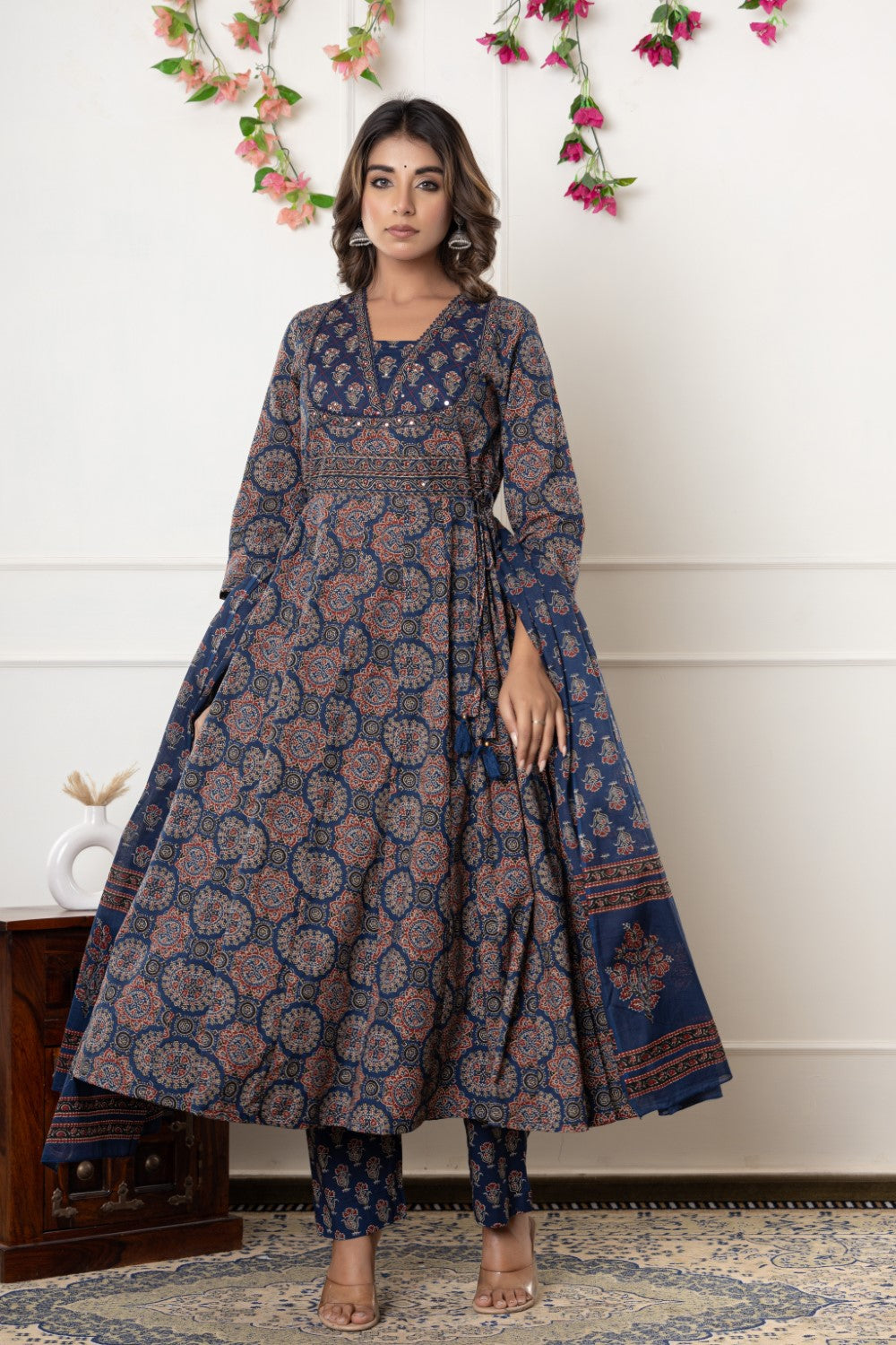 Blue Cotton Anarkali Kurta Pant Set with Dupatta-800116