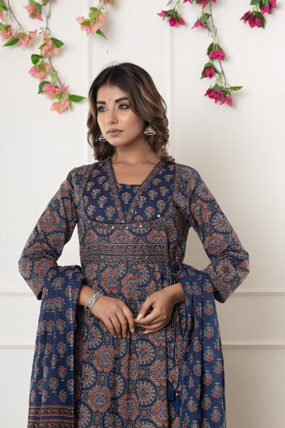 Blue Cotton Anarkali Kurta Pant Set with Dupatta-800116
